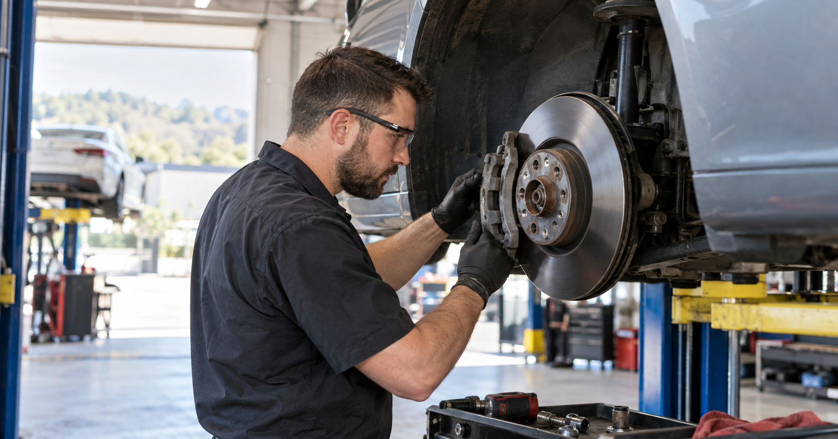 Technician servicing disc brakes on an import vehicle