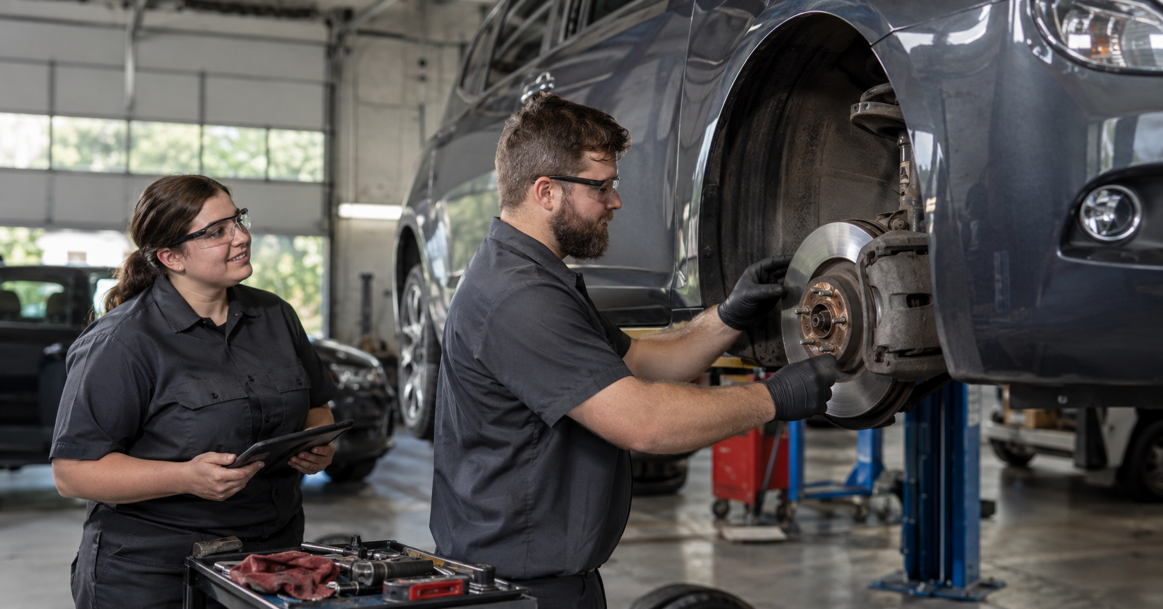 Technician working on a vehicle's brake system